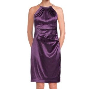 ELIZA J PURPLE SATIN DRESS WITH SILVER NECKLACE COLLAR